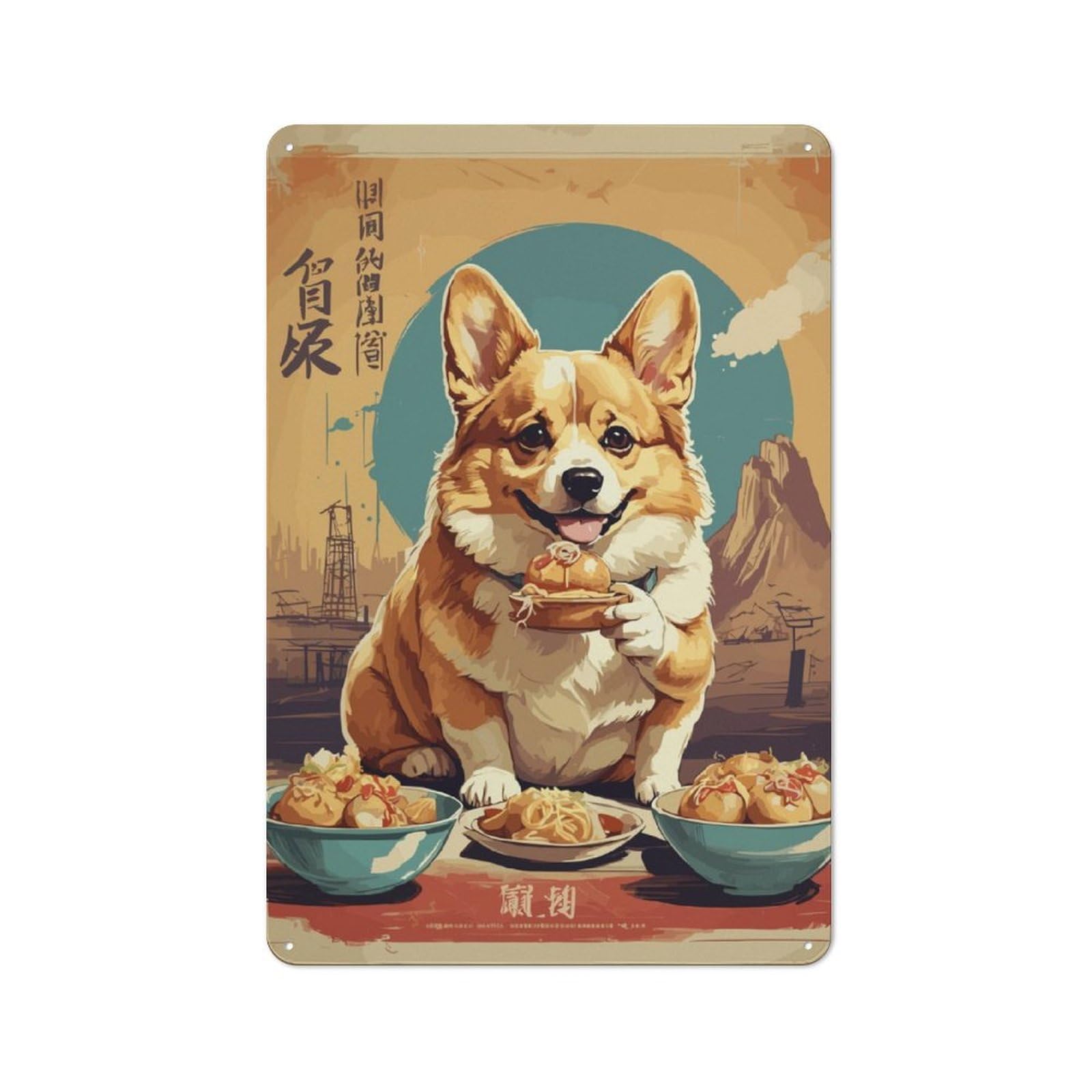 Junmoney Vintage Japanese Corgi Printed Metal Sign 30X20cm For Kitchen Or Home Bar, Housewarming Present For People Styling Kitchen And Home Bar