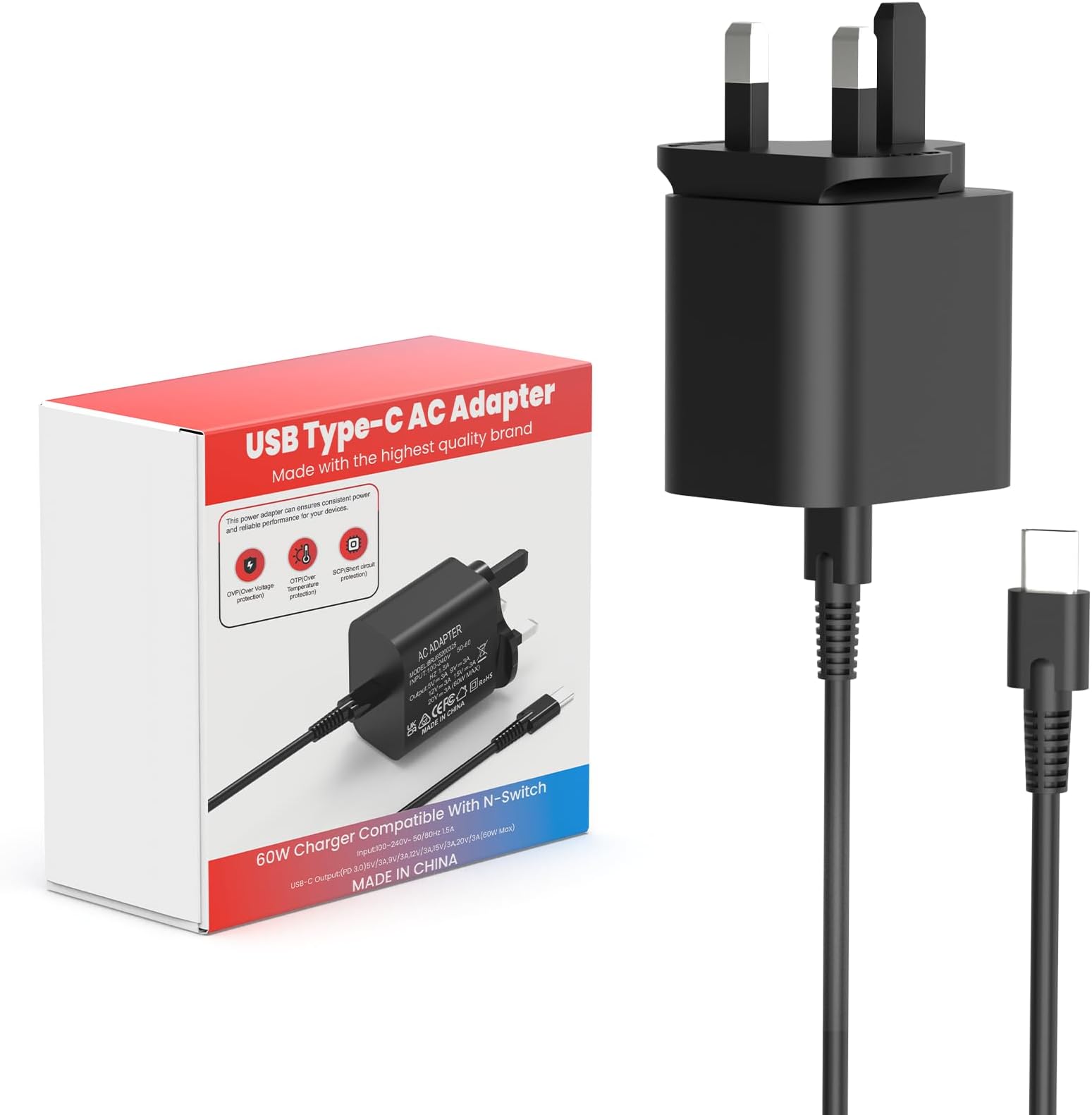 60W PD Charger Compatible with Nintendo Switch 2/Switch OLED/Lite/Dock Station/Steam Deck/Pro Controller Supports TV Mode All-in-One NS Fast Charger with 1M USB C Cable