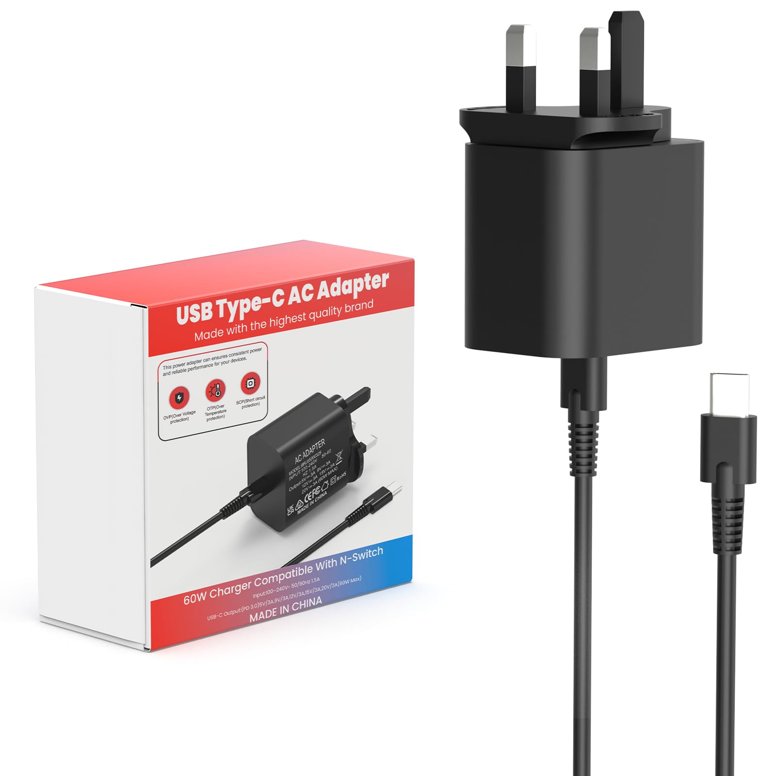 60W PD Charger Compatible with Nintendo Switch 2/Switch OLED/Lite/Dock Station/Steam Deck/Pro Controller Supports TV Mode All-in-One NS Fast Charger with 1M USB C Cable