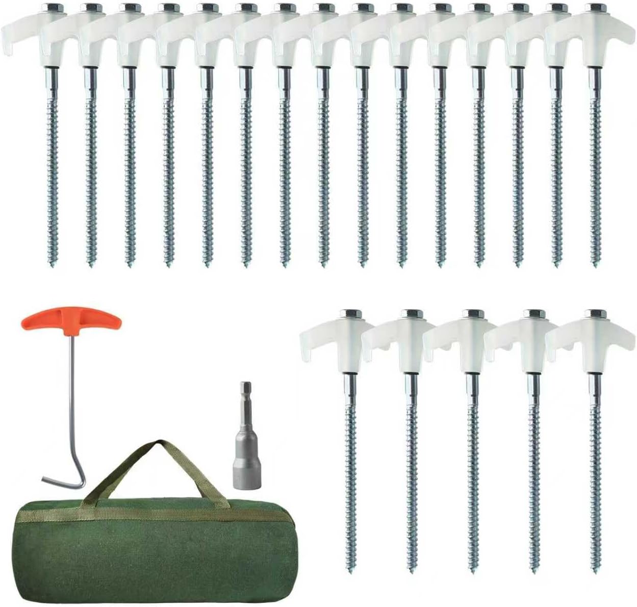 20 Pack Screw in Tent Stakes Heavy Duty, 8 Inch Ground Anchors, Metal Stakes,Camping Tent Accessories with Hex Head Driver and Sturdy Storage Bag (White)