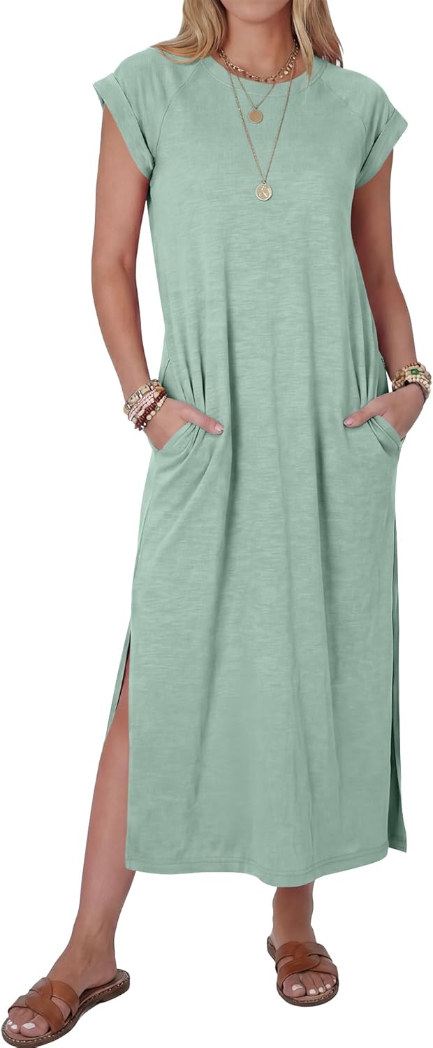 ANRABESS Women Summer Maxi Dress 2026 Casual Loose Cap Sleeve Crewneck Split Beach Vacation Long Sundress with Pockets