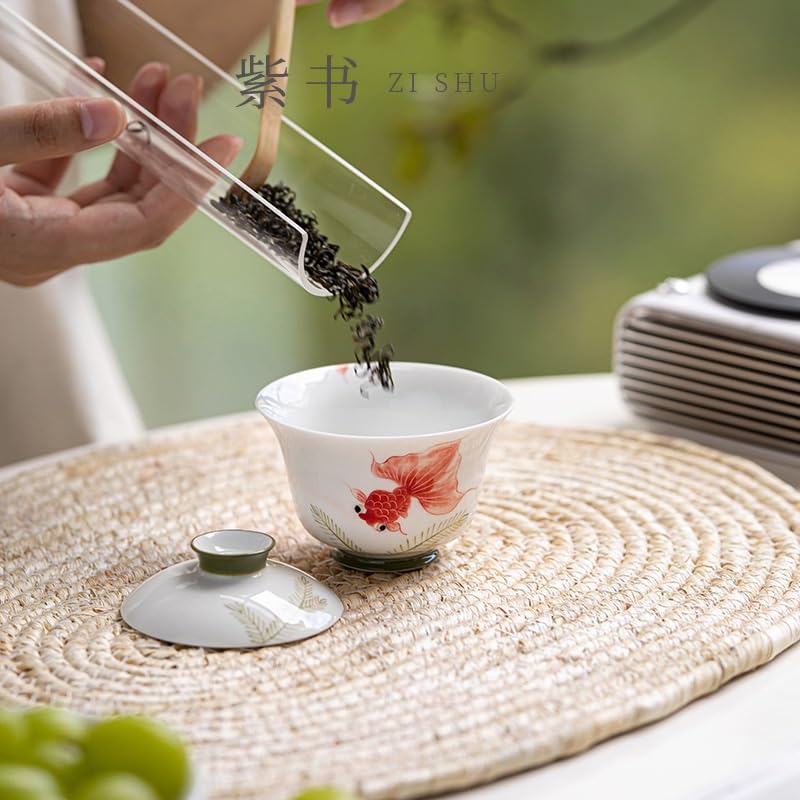 Matcha Tassen Deckende Teetasse mit handbemaltem Koi-Motiv 120ml Teeset für Wohnzimmer, Teeschale Teeset Mit Teesieb
