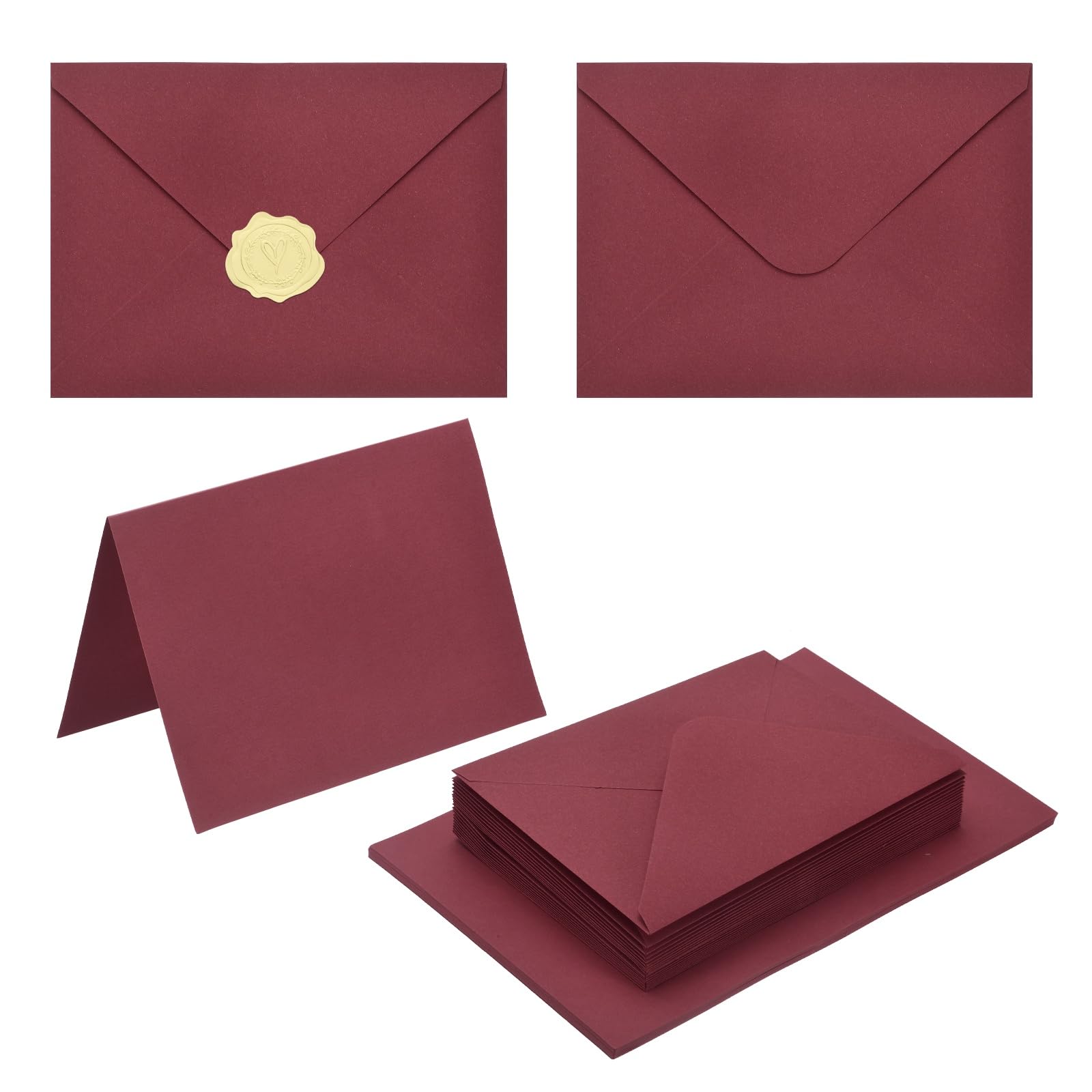 PATIKIL 50Pack Wine Red 5x7 Envelopes with Cards, V Flap A7 Envelopes with Cardstock & Gold Stickers for Greeting Cards Wedding Greeting Birthday Invitations Letter Mailing — image 1
