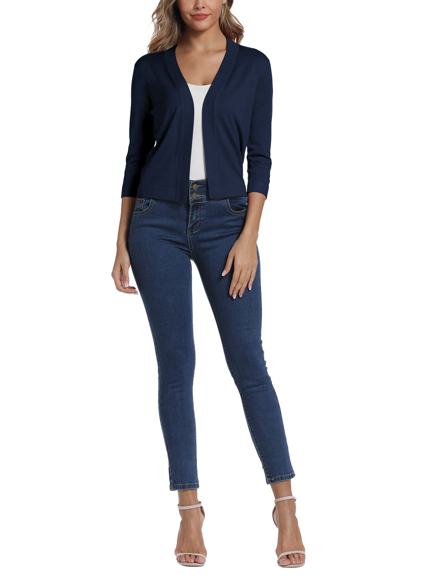 Damen 3/4 Ärmel Open Front Bolero Strickjacke Shrug Solid Cardigan Top