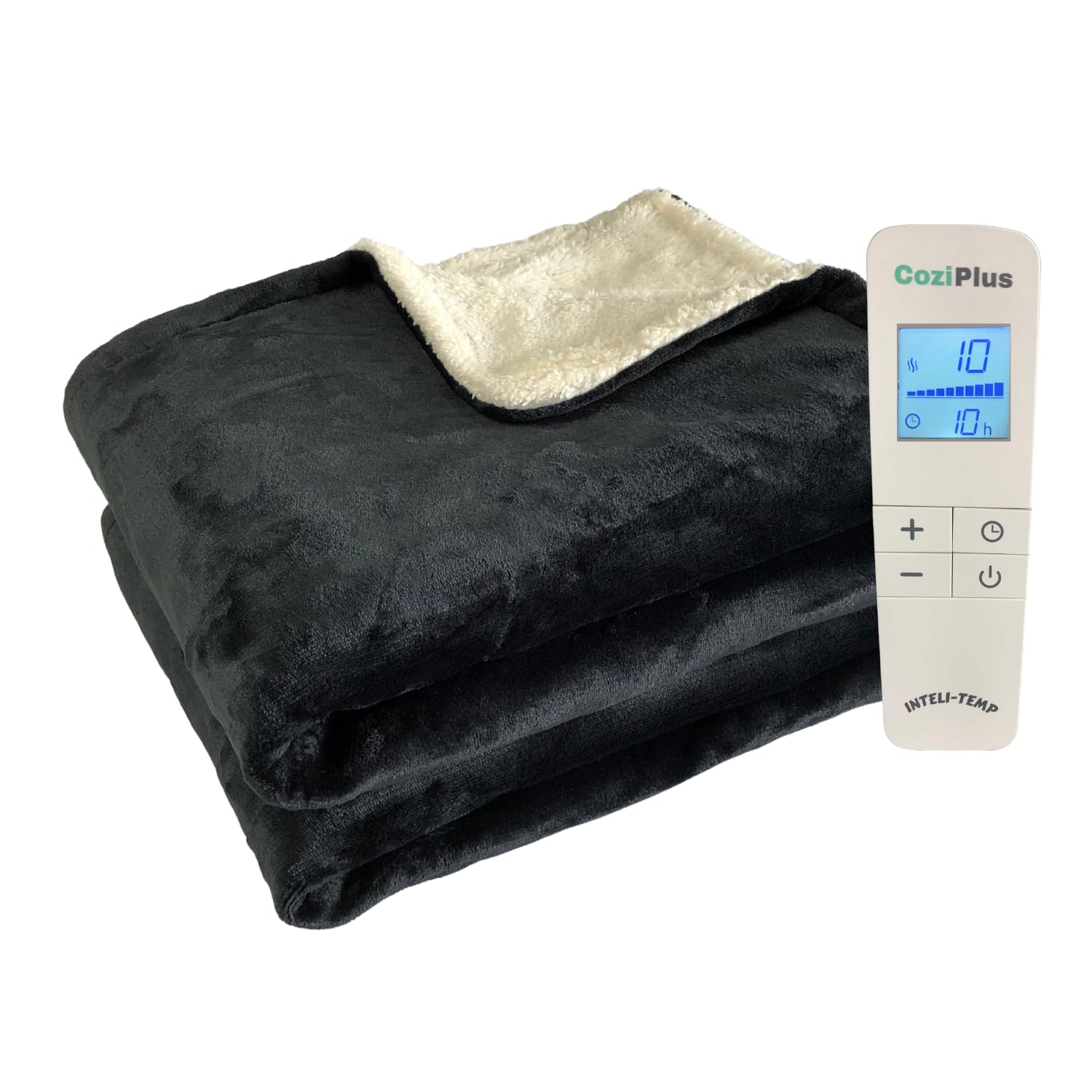 Coziplus Electric Heated Throw Blanket Flannel & Sherpa Fleece, 8 Available Colors, Fast Heating 160x130cm, 10 Heat Levels & 10 Hours Auto Off Timer, LED Display, For Home & Office Use (Black)