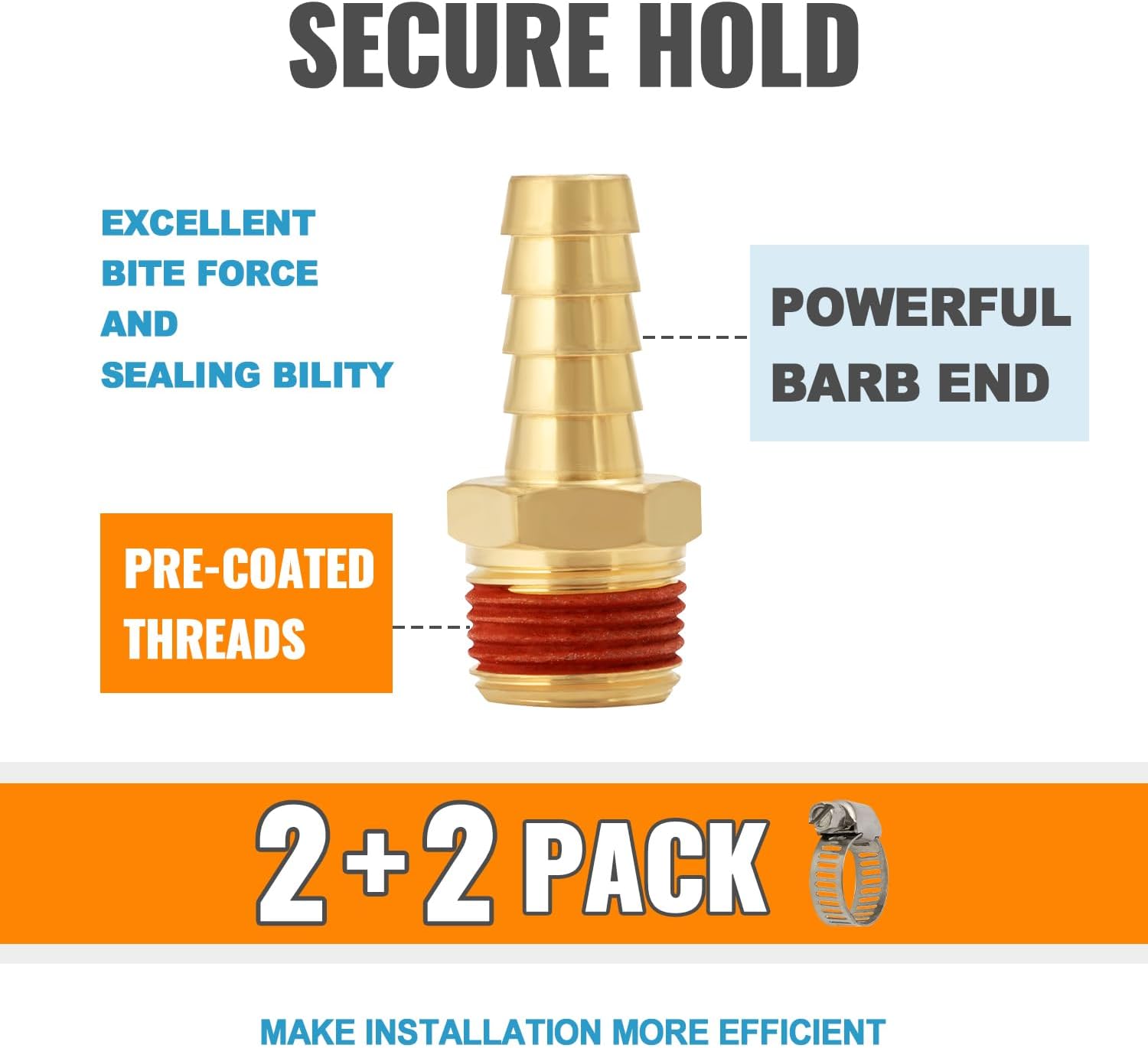SUNGATOR 2-Pack 1/2'' Barbed Air Hose Fittings, Brass 1/2 Inch NPT Male Barbed Air Hose Repair Kit with Sealant, 1/2'' Barbed Gas Line Repair Brass Fittings with 2 Pcs Clamps