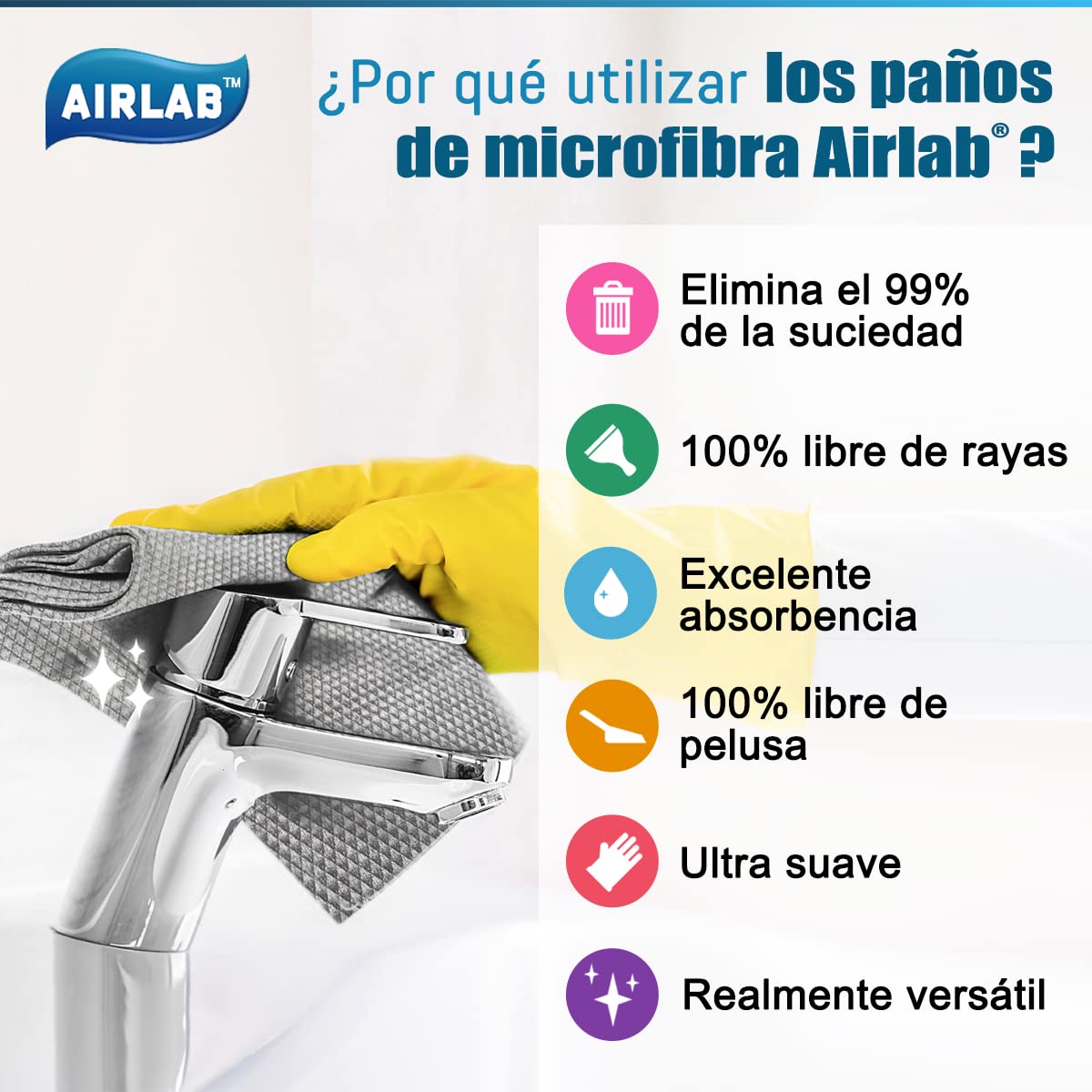 Airlab 8X Nano Paños de Limpieza Magico, Bayetas de Microfibras para Cristales sin Rayas, Trapo Balletas para Cocina Coches Automóviles Ventanas Vidrios Espejos Grifos Baño, 40 x 30 cm — view 5