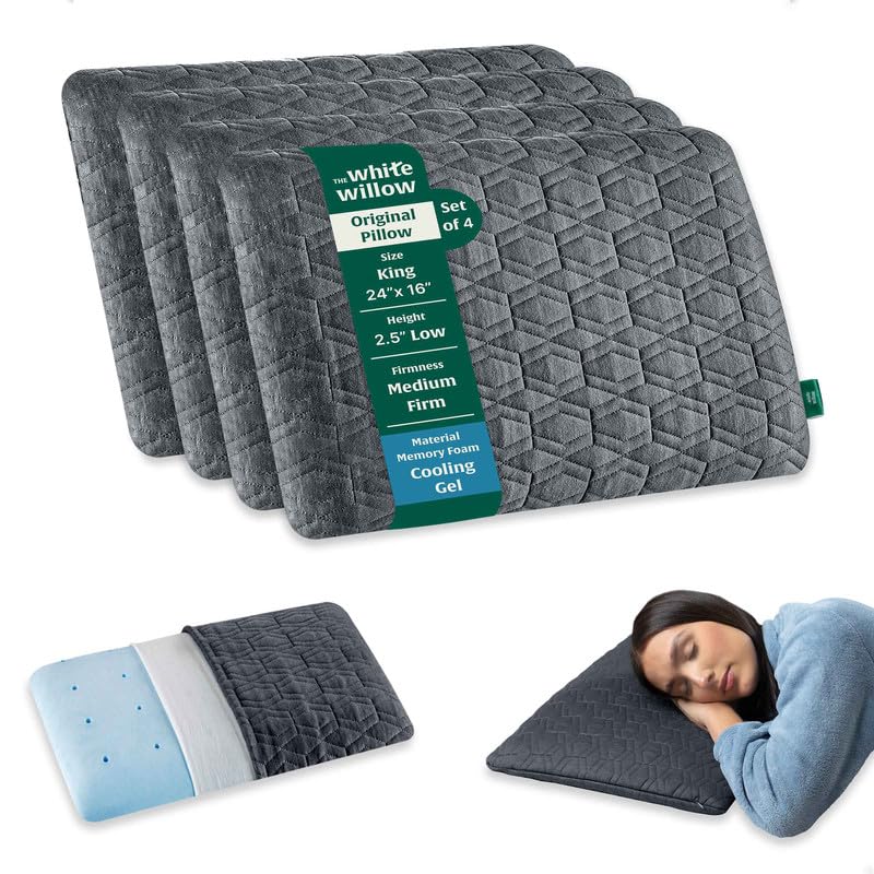 The White Willow Thin Pillow for Sleeping-Slim Memory Foam Pillow Set of 4-Cool Gel Slim Pillow for Neck & Shoulder Pain Relief-Flat Pillow-Orthopedic Cervical Neck Pillow-King Size-2.5" H-Grey