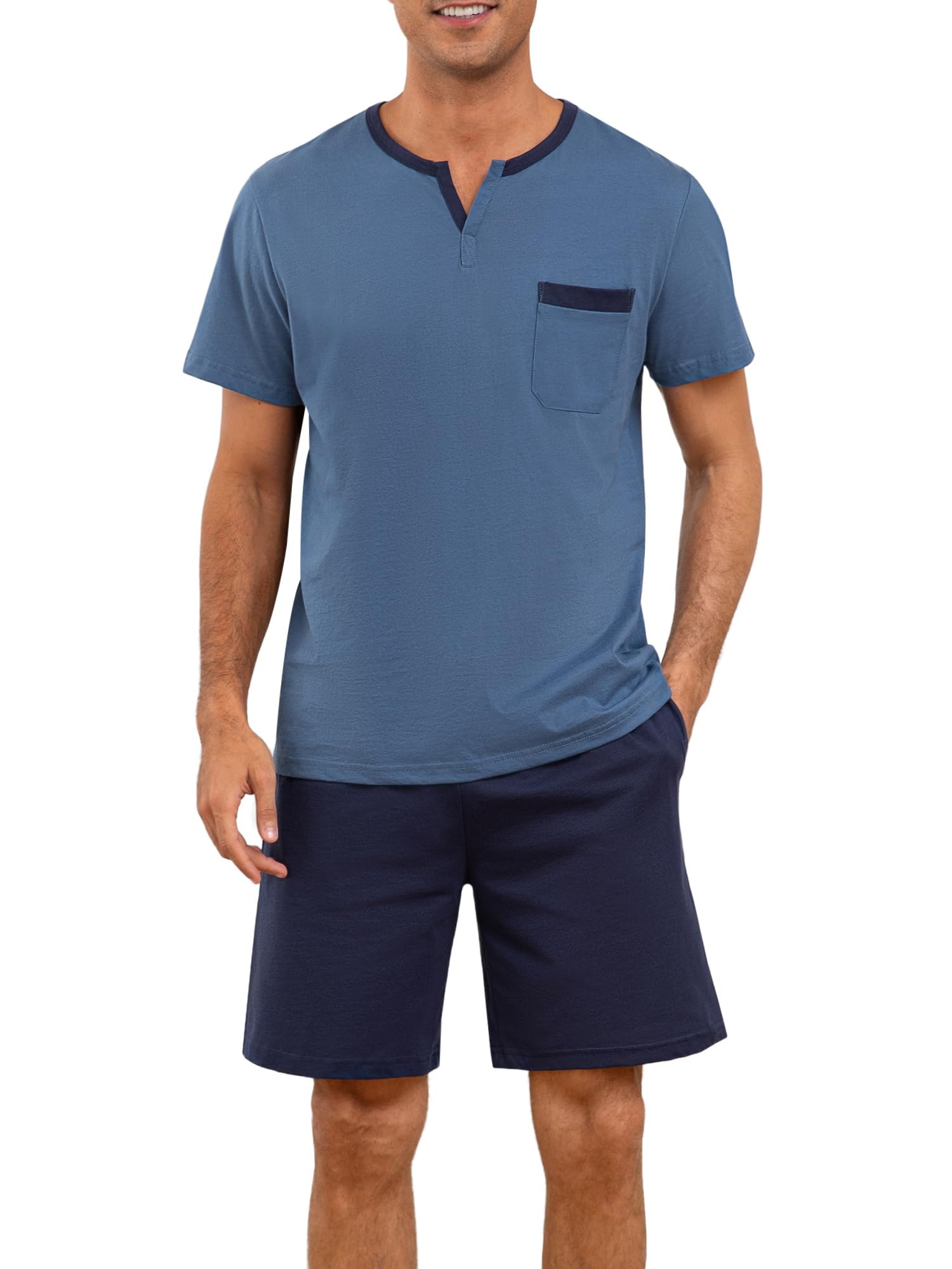 Winovia Herren Schlafanzug Kurz aus 100% Baumwolle - Sommer Nachtwäsche Set mit V-Ausschnitt & Brusttasche, Weich Atmungsaktiv Hausanzug Männer Zweiteilig, Kurzarm Shirt & Schlafshorts