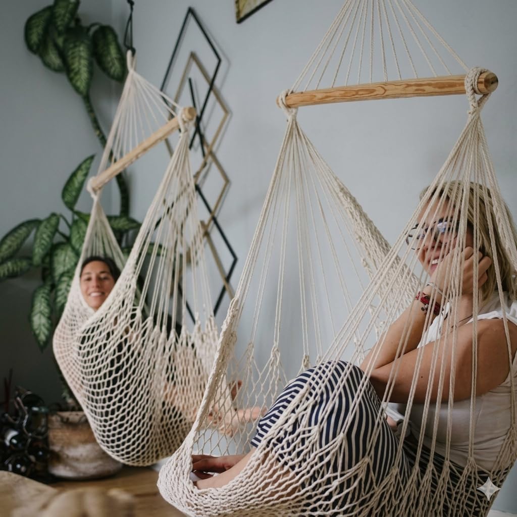 ALL NAHLO The Enedina Hammock Hanging Cotton Rope Bedrooms Swing Chair Seat 1 Unit - Straight Wood Comfortable Bed Durable Large Yard Bedroom Porch Indoor Garden Lightweight Hammocks Person Tree Stand