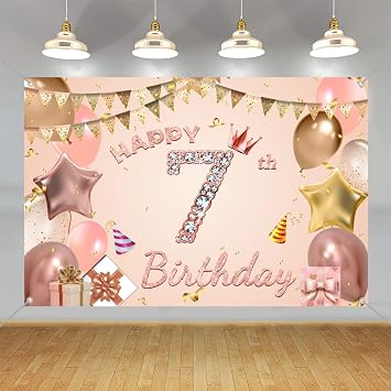 Tecreo Happy 7th Birthday Decorations Backdrop Banner for Girls, Pink Rose, Vinyl, Includes Rope, Perfect for Birthday Party Supplies, 59"x35.4"