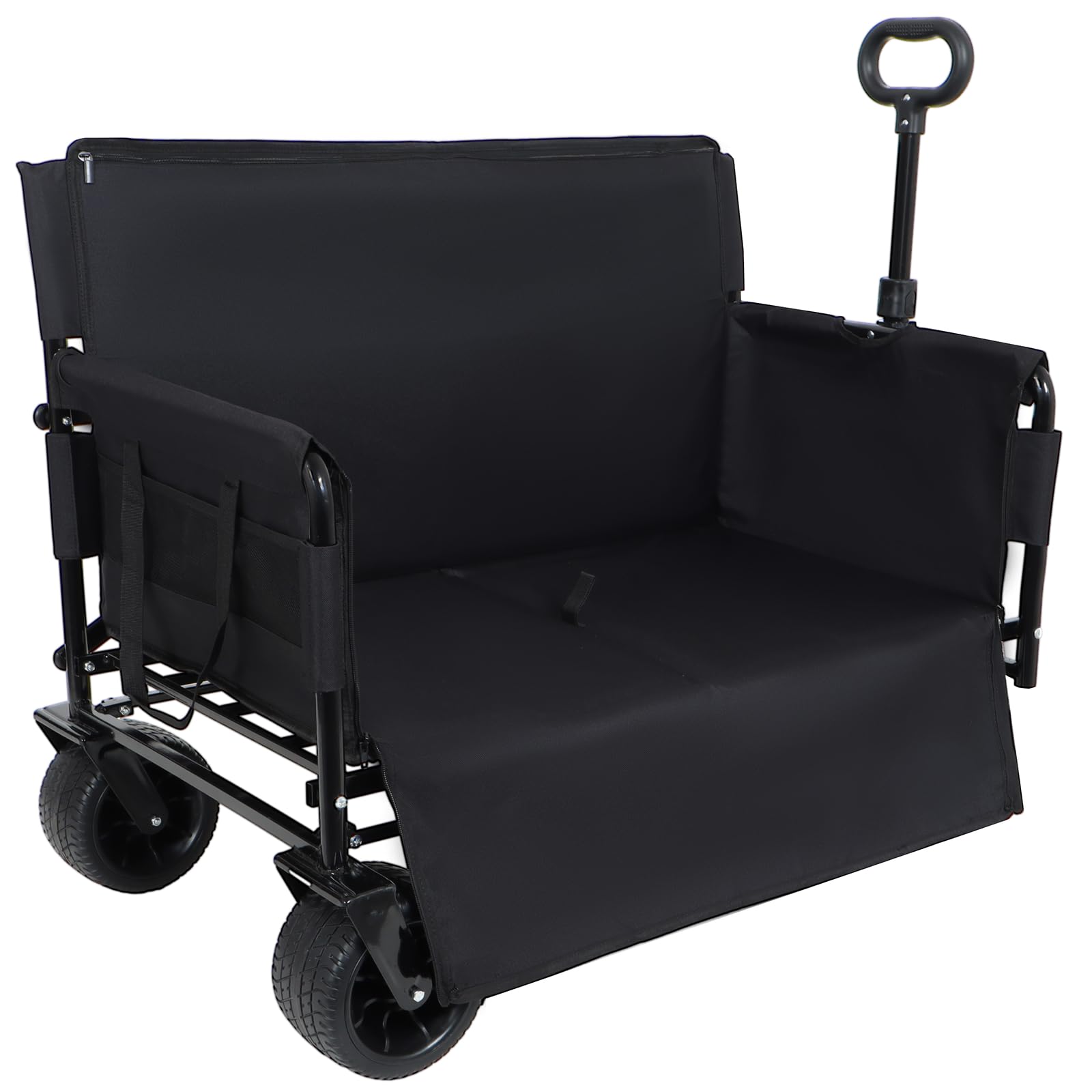 3-in-1 Convertible Folding Wagon Cart with Bench Seat &amp; Storage - 500lbs Heavy-Duty Utility Wagon, 180L Capacity All-Terrain Wheels for Camping, Beach, Sports, Garden (Black)