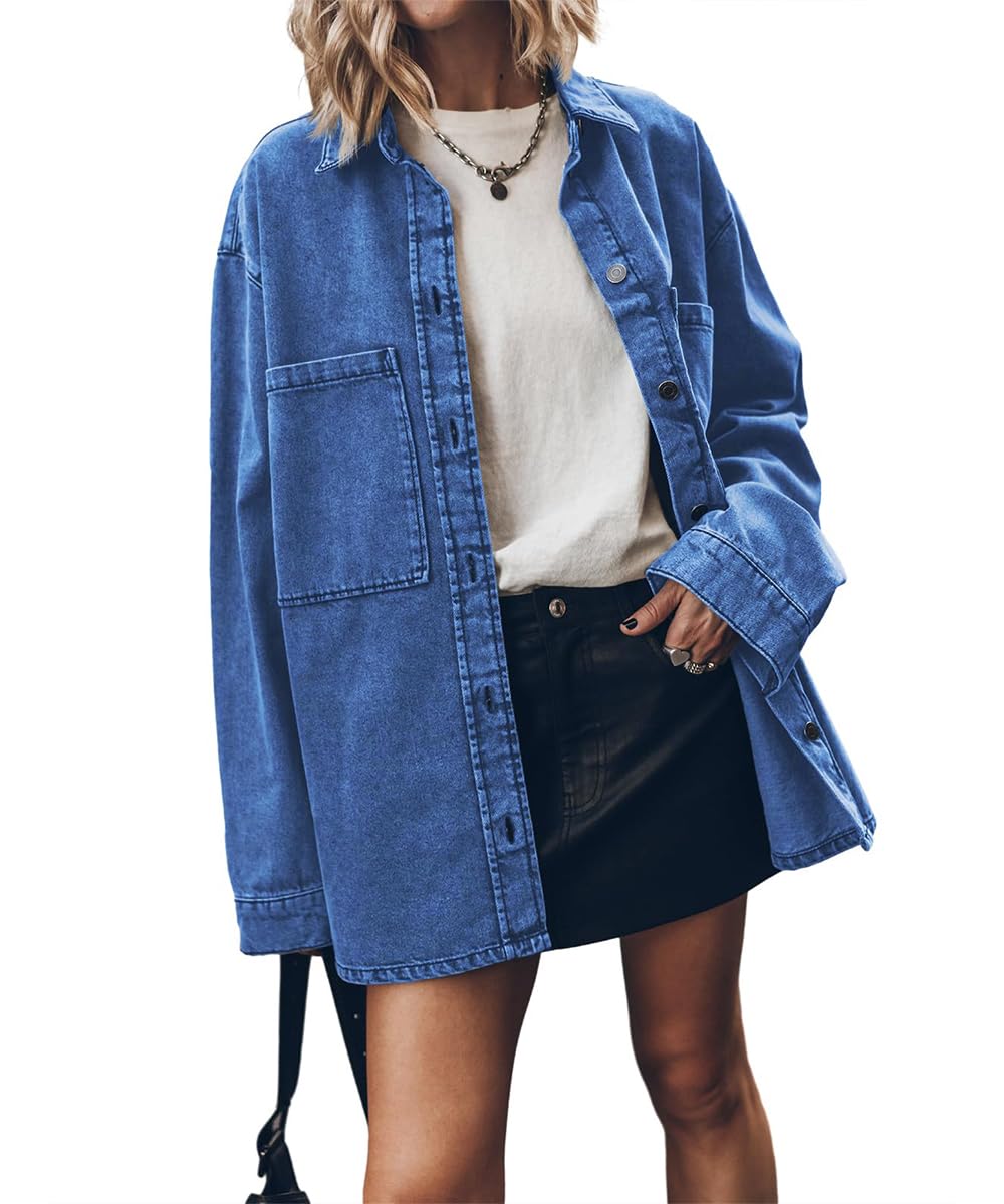 Las Mujeres botón Abajo Camisas de Mezclilla Chambray Camisa Casual Cuello Blusa Manga Larga V Cuello Tops con Bolsillos