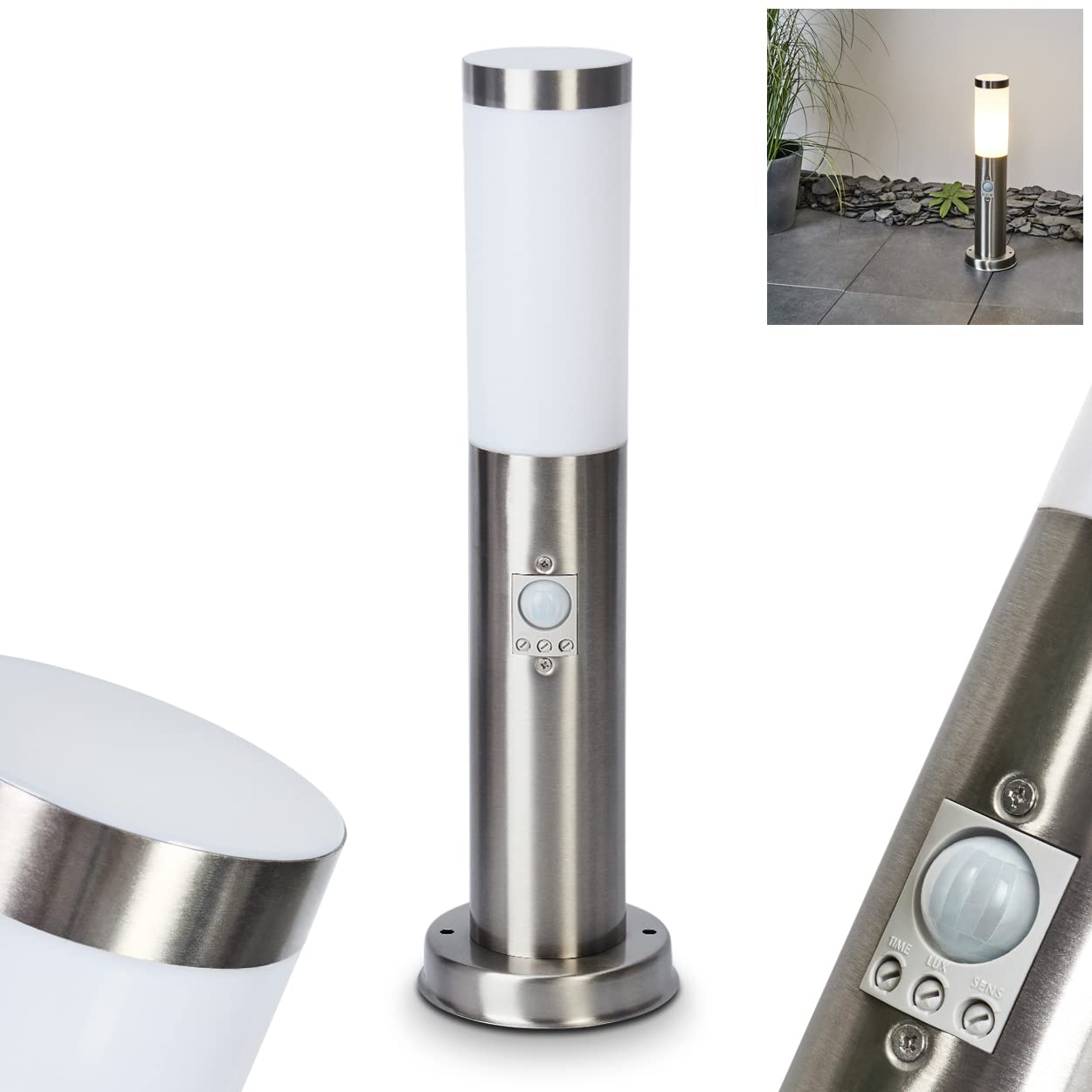 Zewnętrzna lampa na ścieżkę Sessa z czujnikiem ruchu, oprawa z metalu/tworzywa sztucznego w kolorze niklu matowego/białym, światło na ścieżkę 45,5cm, lampa ogrodowa w. E27, IP44, bez żarówki