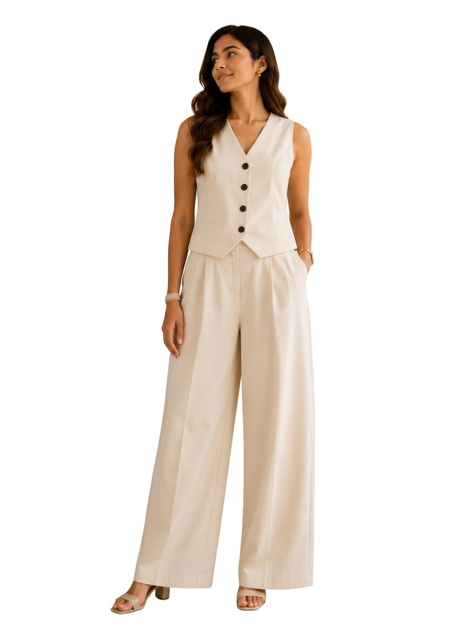 Women's Elegant Ivory Sleeveless Waistcoat with Wide Leg Pants Co-Ord Set | Premium Formal Two-Piece Outfit | Office Wear | Smart Casual Vest & Trouser Set-image-45
