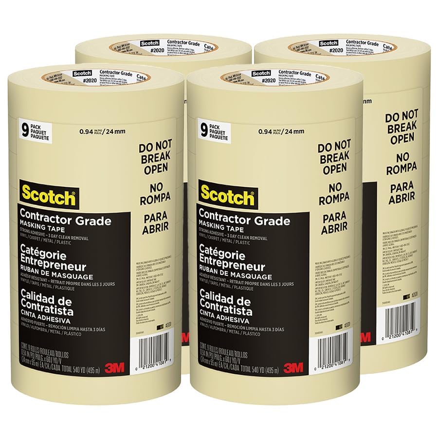 3M Scotch Contractor Grade Masking Tape 0.94 x 60 yds Tan 4 Contractor Packs of 9 Rolls Each Durable Vinyl Tape for Versatile Indoor and Outdoor Use