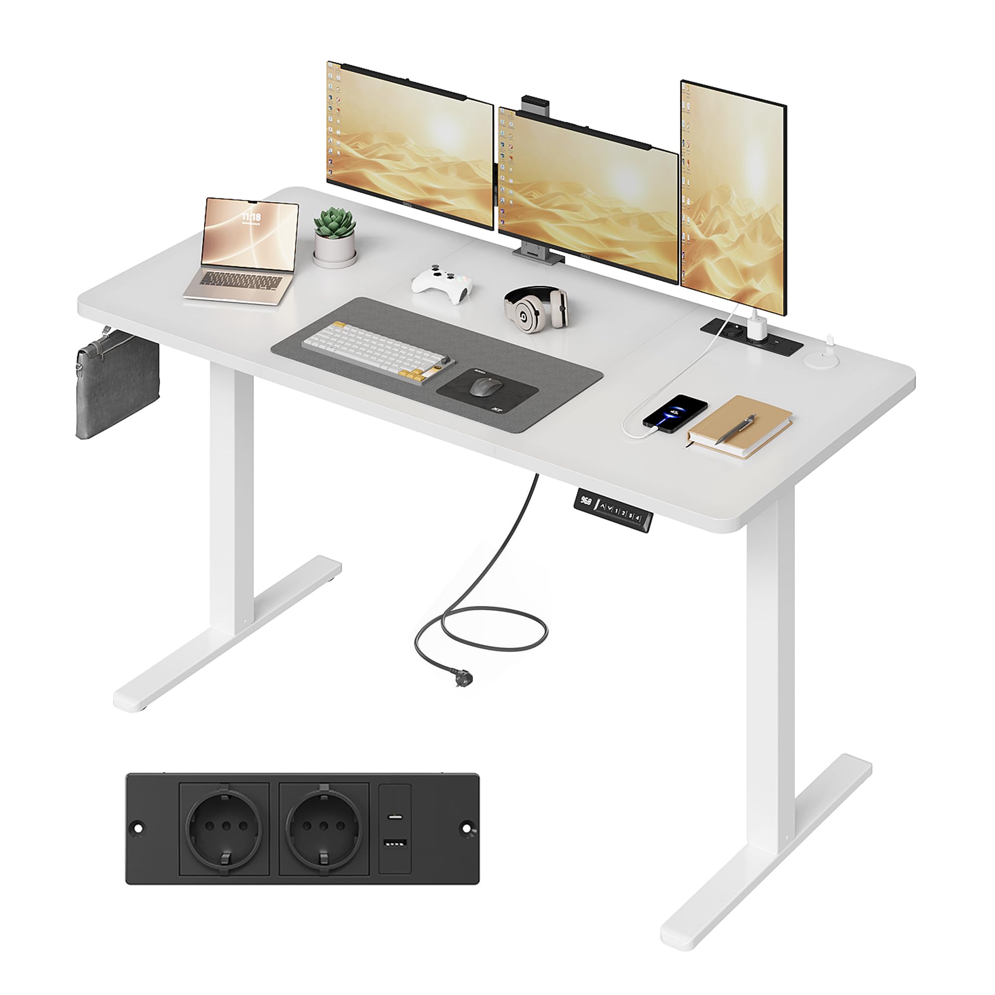 JUMMICO Höhenverstellbarer Schreibtisch 140x70 cm mit Steckdose | Schreibtisch Höhenverstellbar Elektrisch Stehtisch, Steh-Sitz Tisch, Bürotisch Computertisch, Wolkenweiß