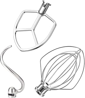 Stainless Steel 3 Piece kit Attachments for KitchenAid Stand Mixer and 5.5-6 Quart Bowl, Dishwasher Safe (5.5-6QT Flat Beater, 6QT Dough Hook, KN256 6-Wire Whip Attachment)