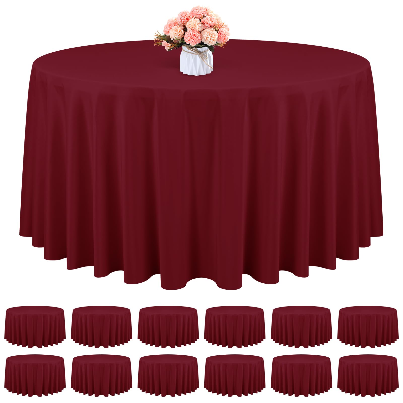 Photo 1 of 12 Pack Round Tablecloth 90 Inch - Burgundy Polyester TableCloth for Round Table, Premium Burgundy Tableclothes Washable Fabric Table Cover for Wedding Party Banquet Restaurant Reception Dining