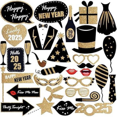 KatchOn, Glitter New Years Photo Booth Props 2025 - Pack of 32 | New Years Eve Photo Booth Props 2025, Happy New Years Decorations 2025 | New Years Photo Props 2025, New Years Eve Party Supplies 2025 Cover