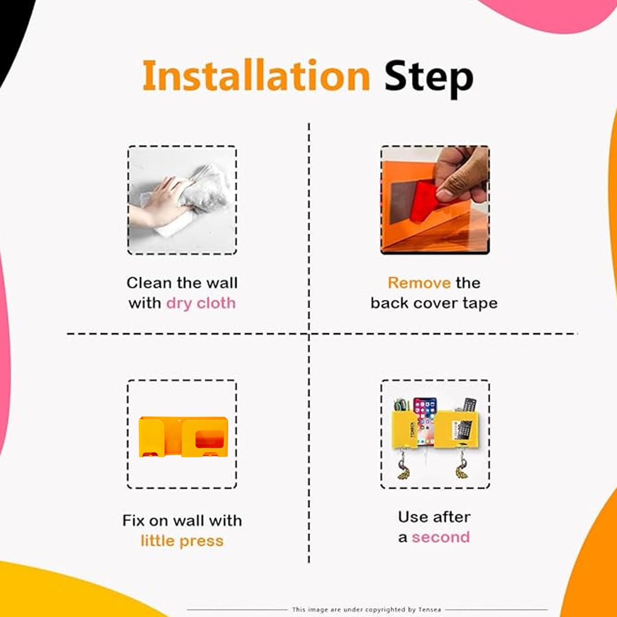 WALLVIEW TECH Wall Mount Mobile Holder | Plastic Storage Case for Ac/Tv Remotes | Multi-Purpose Wall Phone Stand for Charging | Remote Wall Organiser | Smart Stand Wall Gadget (Orange) 4