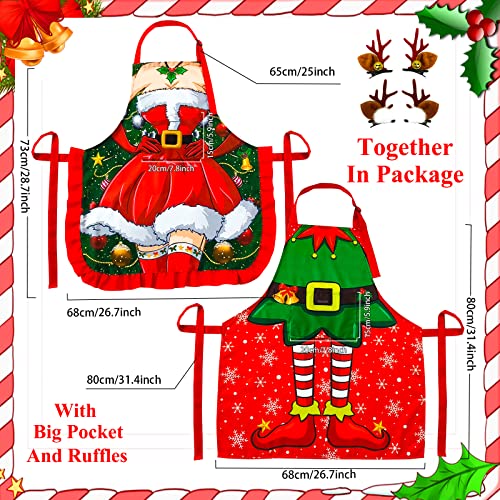 Christmas Aprons For Women Men With Pocket Ruffles, Sexy Funny Xmas Holiday Red Apron With Elf Santa For Couples, 2 Pieces Adjustable Waterproof Kitchen Bib Aprons For Chef Cooking Grilling Baking #TOP5