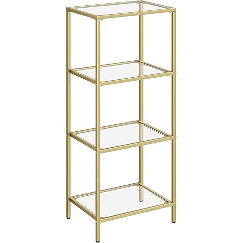 VASAGLE Bookcase, 4-Tier Bookshelf, Slim Shelving Unit for Bedroom, Bathroom, Home Office, Tempered Glass, Steel Frame, Gold Color ULGT28G