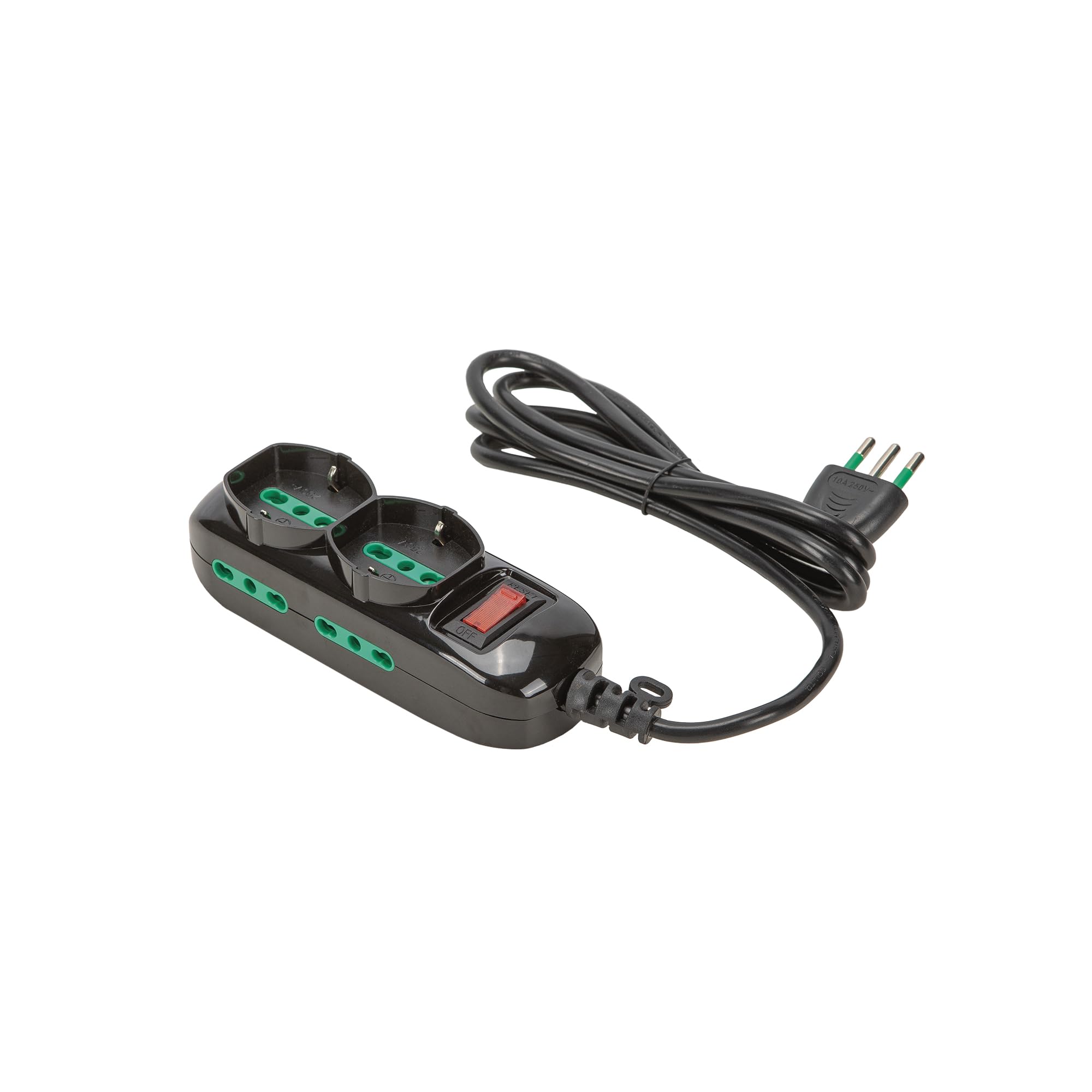 FANTON 474154 Multipresa TRIAX 2 prese bipasso-schuko, 4 prese bipasso, cavo 1,5m, spina a squadra 10A + interruttore di sicurezza, colore nero