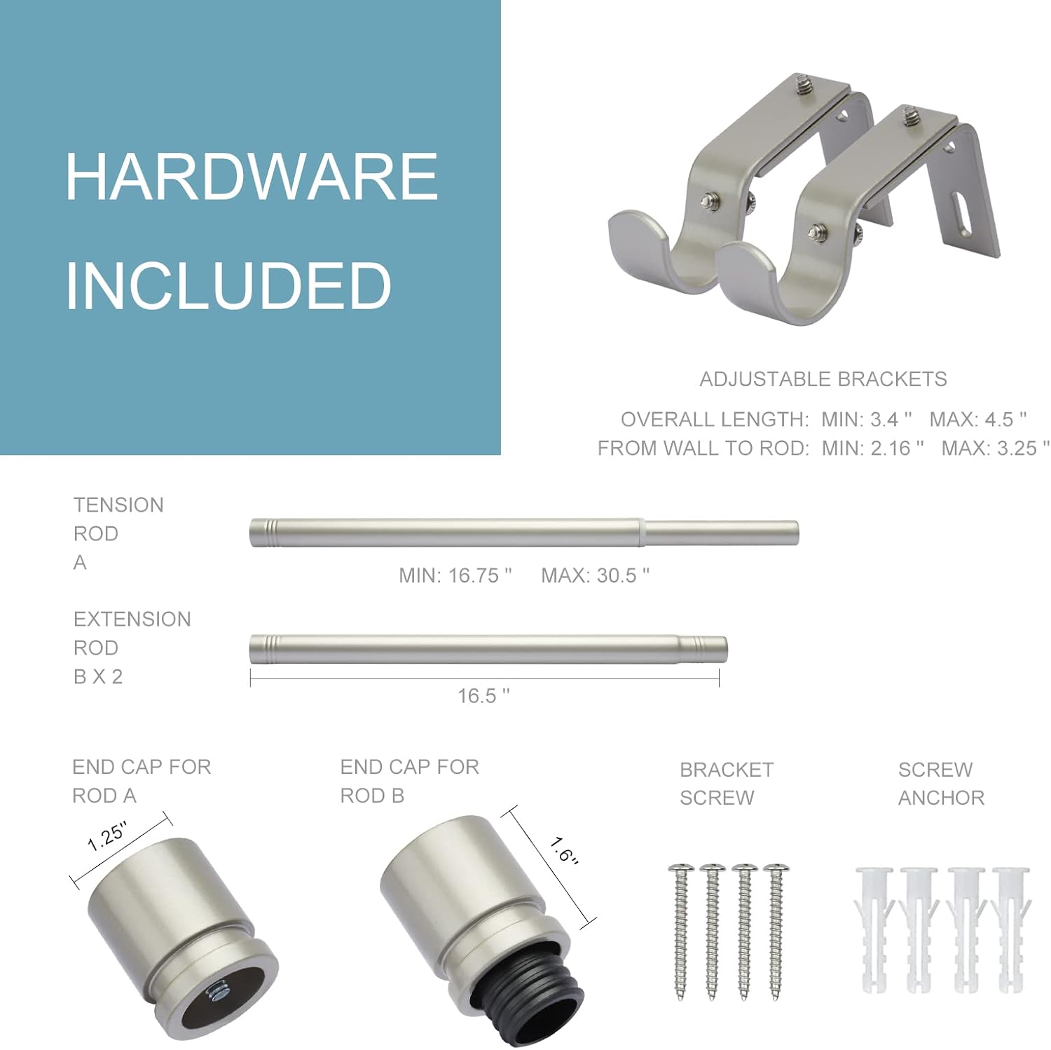 Byondeth Curtain Rods for Windows 16 to 48 Inches Adjustable Length 1 Inch Diameter Window Curtain Rod with Aluminium End Cap, Brushed Nickel : Home & Kitchen