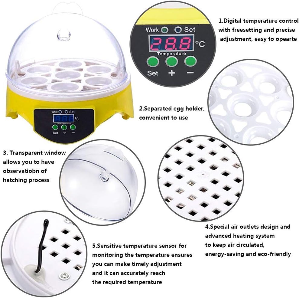 Mini 7 Egg Incubator, Automatic Digital Temperature Control Poultry Hatcher fltry Hatcher for Hatching Chicken Geese Duck Birds