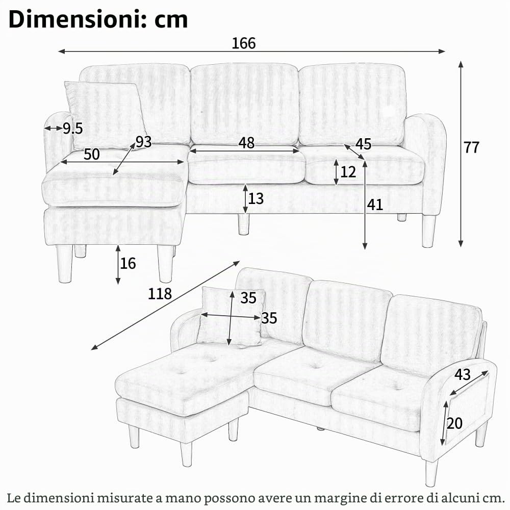 Divano angolare a L con chaise longue, tre posti, 166 x 118 x 77 cm, tessuto in velluto a coste traspirante, gambe in plastica, design modulare, ideale per il soggiorno (Marrone chiaro)