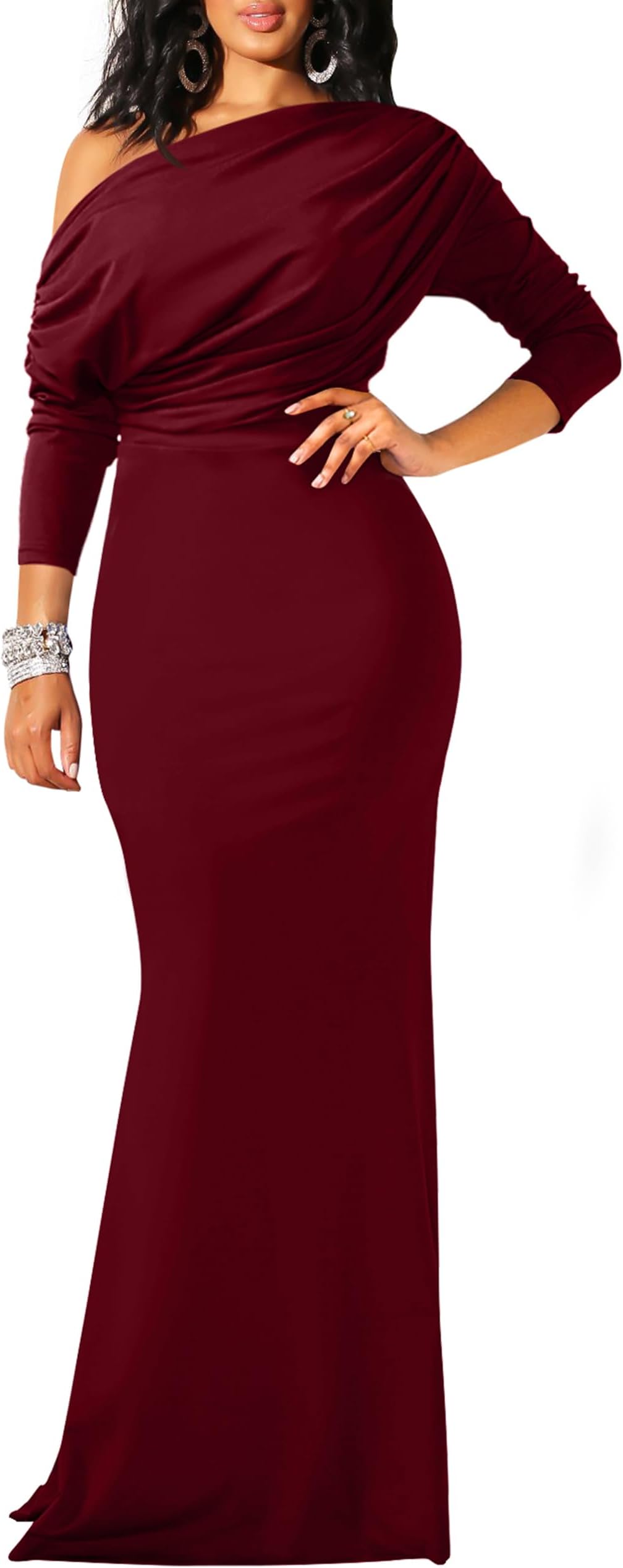Women's Sexy Elegant Long Sleeve Off Shoulder Bodycon Long Evening Formal Dress