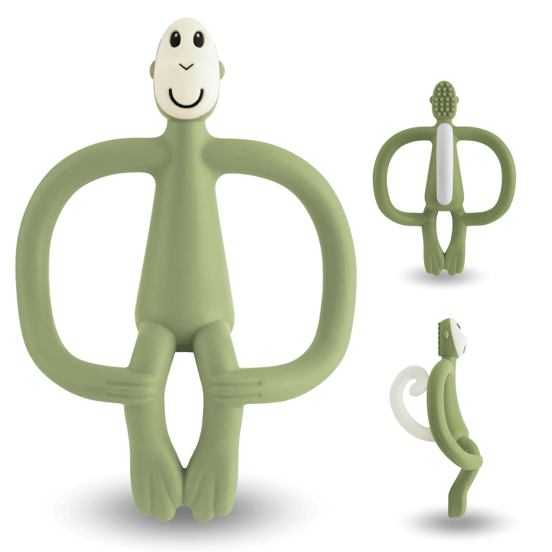 Matchstick Monkey - Beißring Affe Original - Baby Zahnungshilfe - weiche Noppen massieren wundes Zahnfleisch - 100% Silikon - BPA-frei - Greifling für Zahnen - ab 3 Monaten (olivgrün)