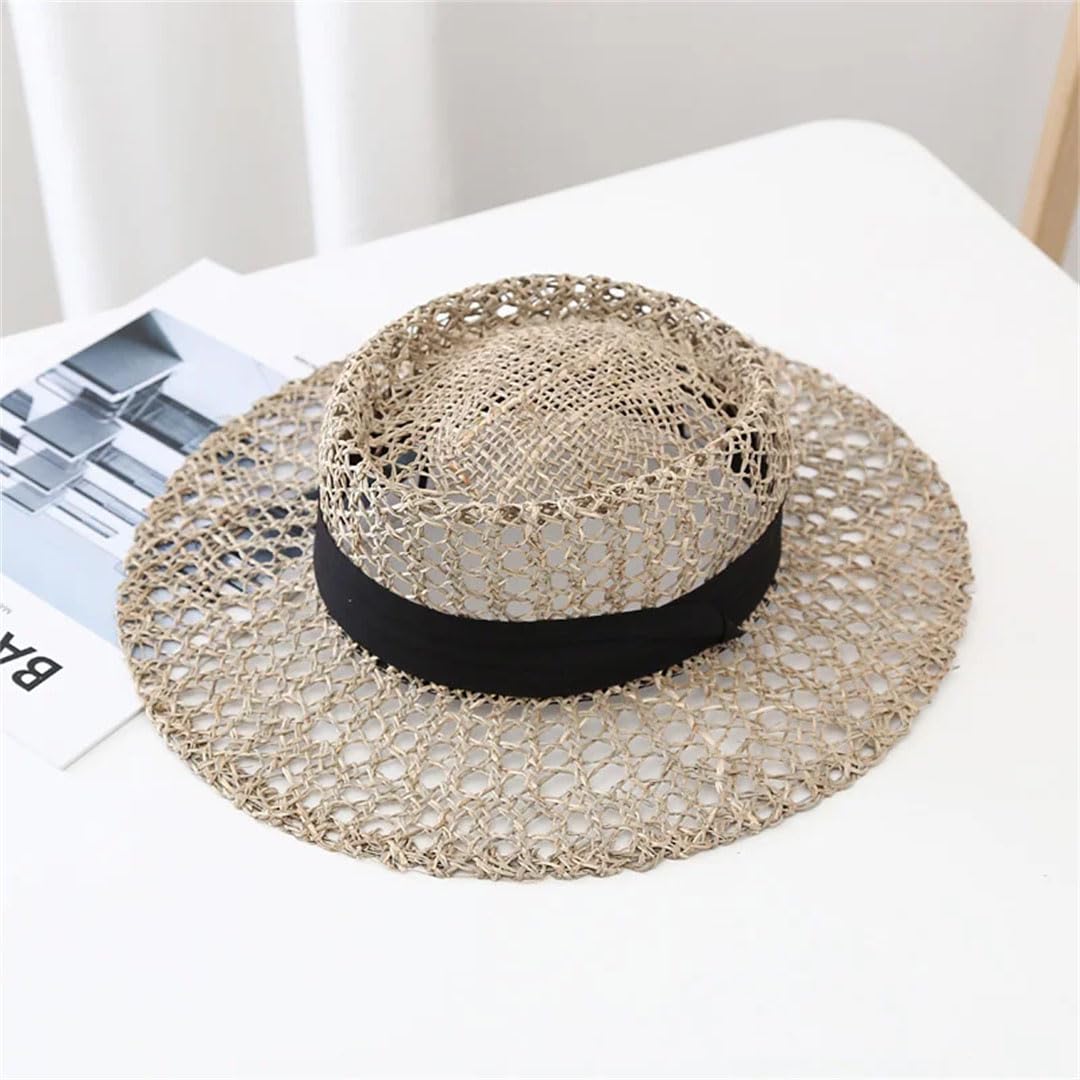 Sombrero de paja con lazo de rafia para mujer, diseño de perlas, para playa, multicolor, 6 7/8 / 7 1/8