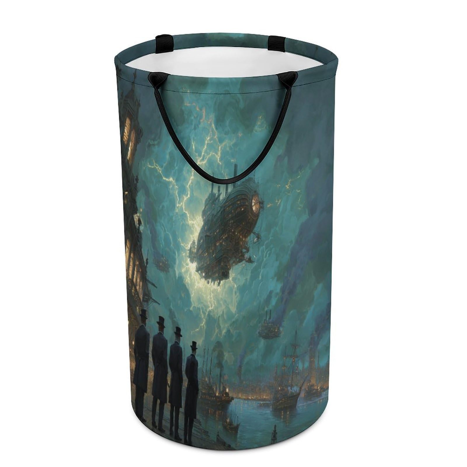 LUYYSKY Cool Classic Steampunk Airship Collapsible Dirty Clothes Basket, Mid Century Vintage Coastal City Lightning Boat Pattern Portable Clothes Storage Laundry Basket-40 CM Dia, 69 CM High