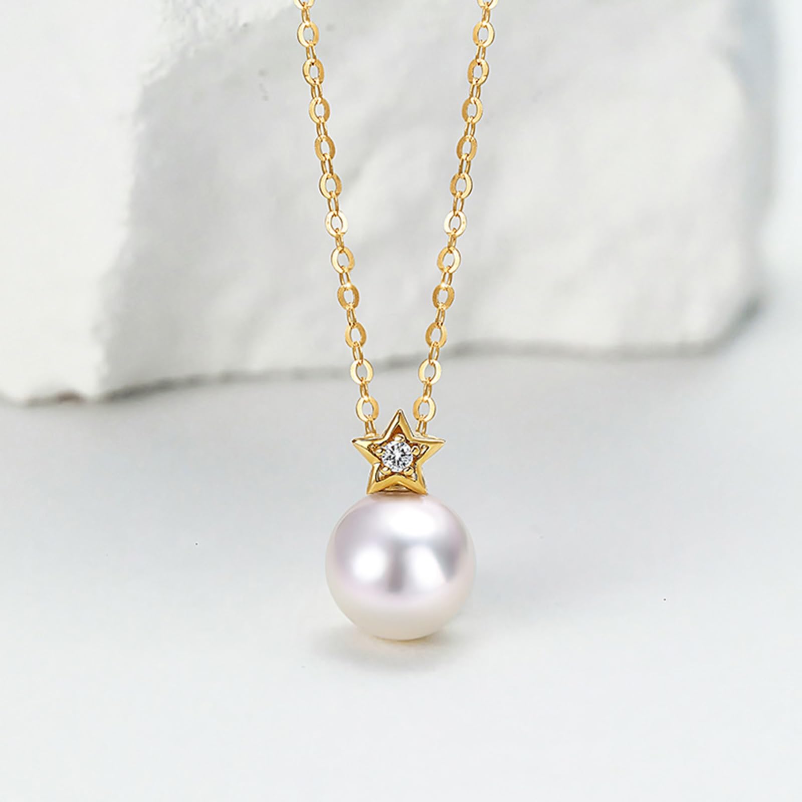 Collar de perlas de oro amarillo de 9 K/14 K/18 K, elegante collar con colgante de estrella de agua salada de 7-7,5 mm y diamante de 0,01 quilates para mujer, oro real