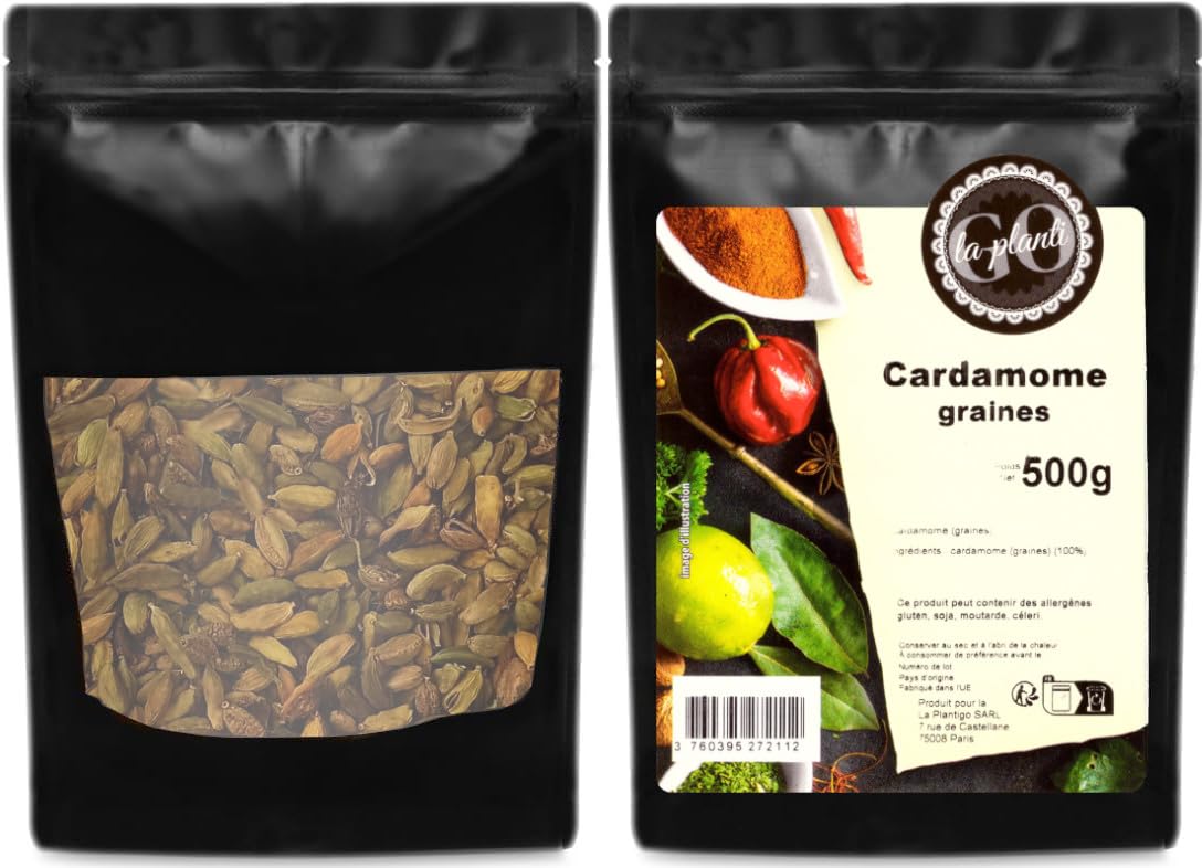 Cardamome (graines) 500 g- LA PLANTIGO Un choix savoureux, Qualité Supérieure, Sachet avec Zip, Cardamome Gousses Entières - Graines Cardamome Vertes