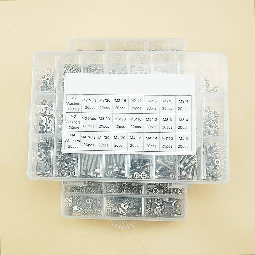 Outils Capuchon à douille Hexagonale Vis Ensemble - M2 M3 M4 Inoxydable Acier Machine Pan Tête Hex Douille Bouton Tête Cap Boulons Écrous Plat Rondelles Assortiment Kit 1080 pièces