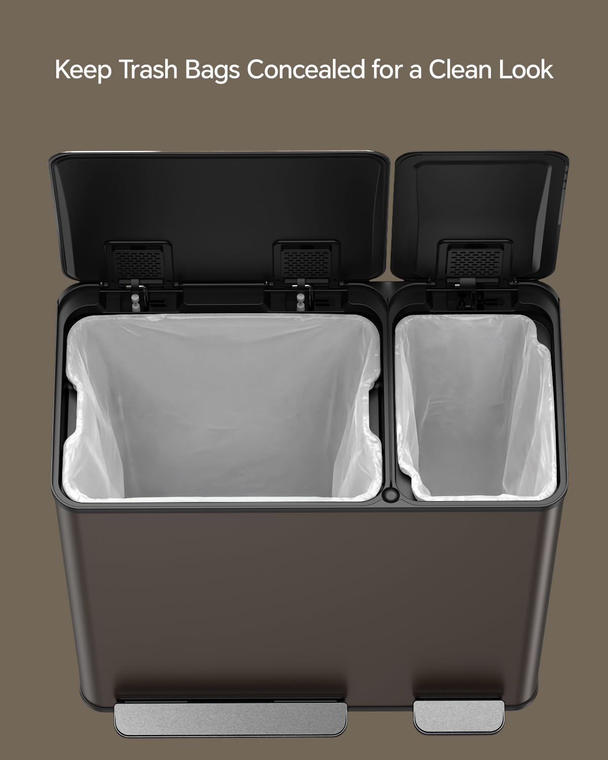 Lovewind Dual Trash and Recycling Bins for Kitchen, 13+6 Gallon Stainless Steel Garbage and Recycle Bin Combo for Large Families, Dual Trash Can with Soft Close Lid & Magnetic Stickers, Brown
