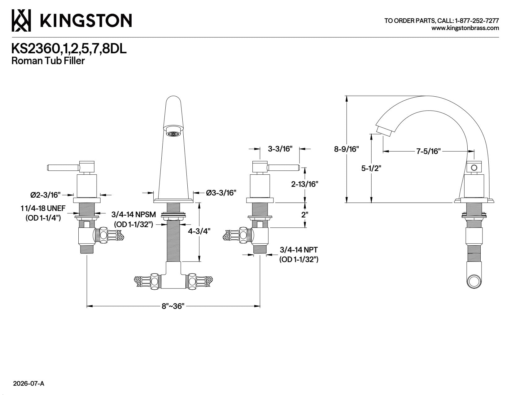 Kingston Brass KS2365DL Concord Roman Tub Kran, 8-calowy regulowany środek, olej wcierany brąz