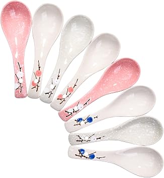 Ceramic Asian Soup Spoon Set of 8 Japanese Porcelain Ramen Spoons for Ramen Noodles Udon Pho Rice Gravy