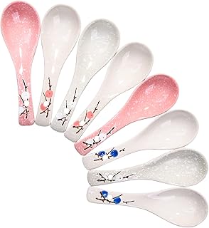 Ceramic Asian Soup Spoons Set of 8 Japanese Ramen Soup Spoons Porcelain Chinese Soup Spoons for Ramen Soup Noodles Udon Pho Rice Gravy
