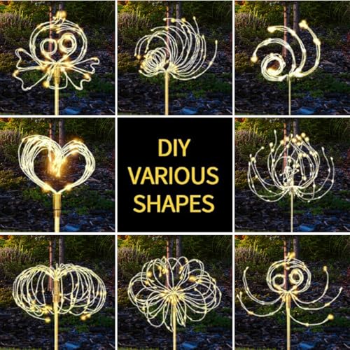 CNMTCCO Solar Lights Outdoor Garden 2 Pack, 120 LED Firework Starburst Stake Lights, Upgraded Waterproof Solar Garden Lights with 8 Modes, Warm White Decorative Pathway Lighting for Patio and Parties