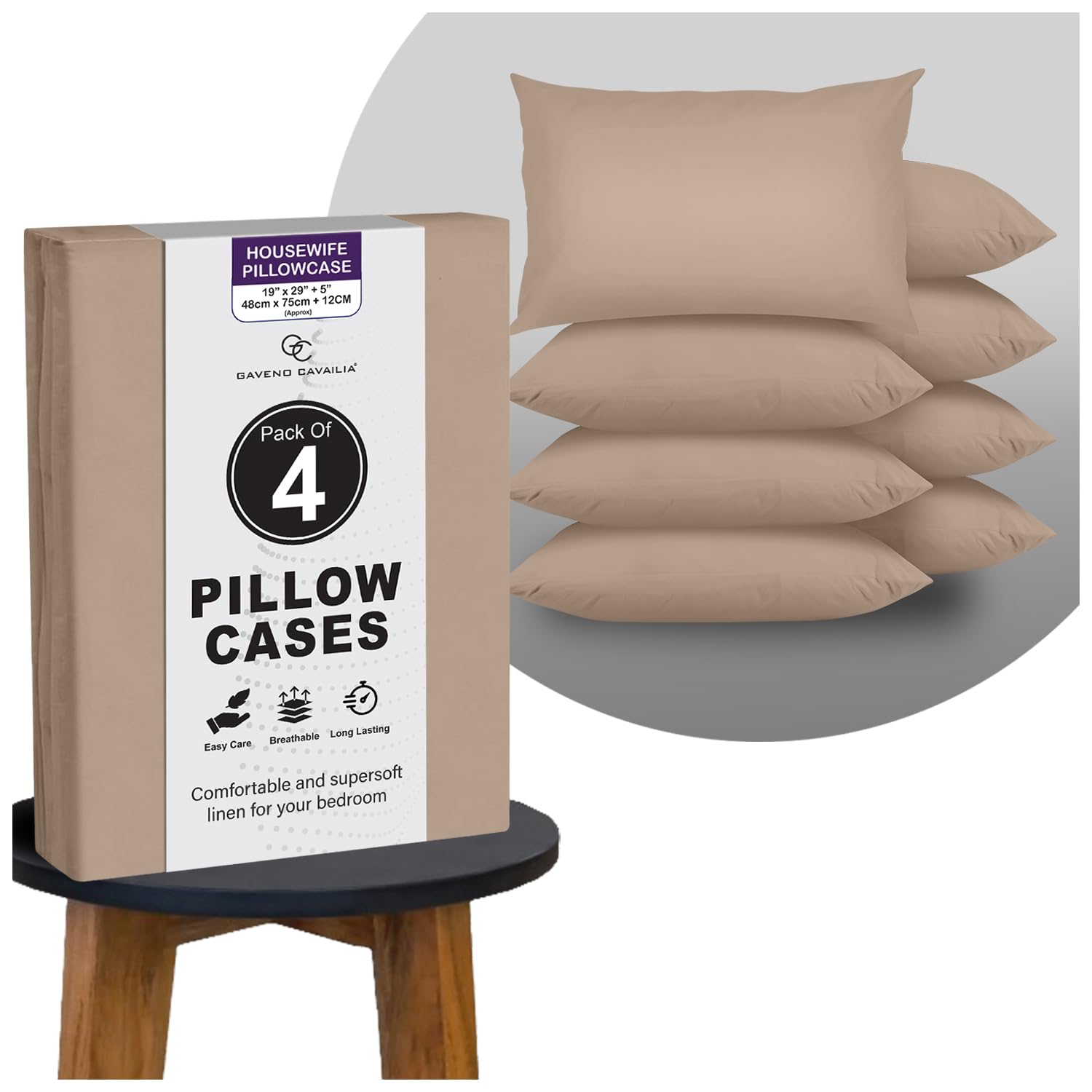 GC GAVENO CAVAILIA Plain Pillow Cases 4 Pack | Breathable, Wrinkle, Soft Touch Polycotton Bedding Pillowcases | Hotel Quality Hypoallergenic Pillow Covers Envelope Closure 74x48 Cm, Natural