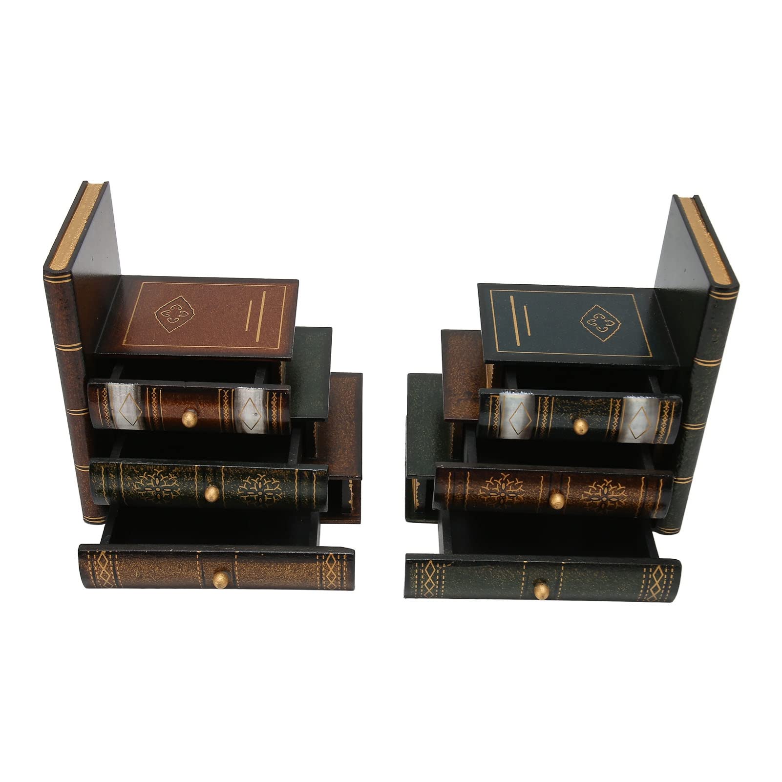 Porta libri in legno in stile retrò con cassetti, fermalibri per mensole, supporto decorativo per libri con 3 cassetti di storage ciascuno, organizzatore da scrivania per la casa e