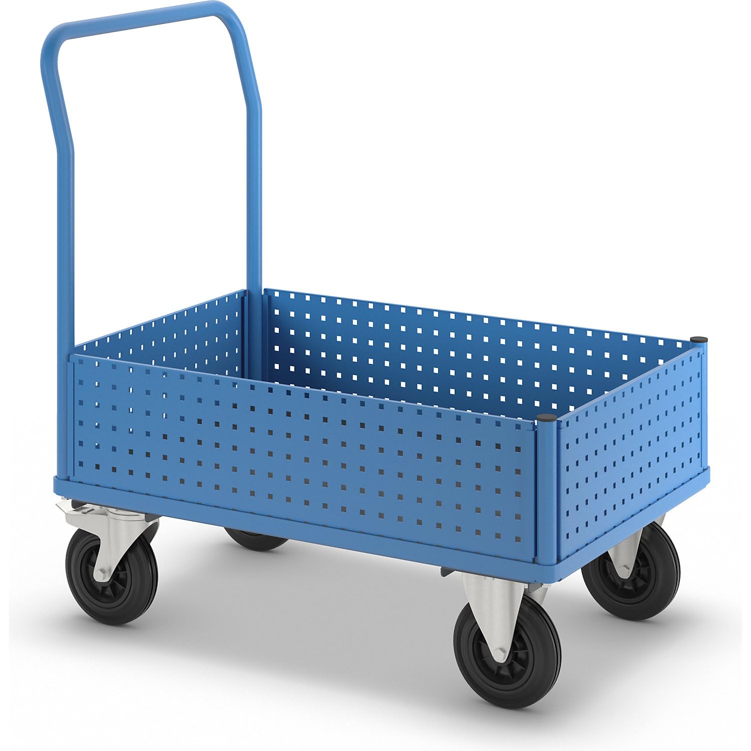 eurokraft pro | Plattformwagen | Mit 4 halbhohen Lochblechwänden, LxB 1050 x 700 mm, Vollgummi