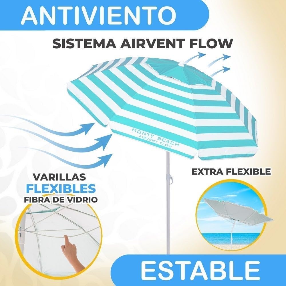 LOLAhome Sombrilla Playa 180 cm y Soporte Arena, protección UV+50, sombrilla antiviento, Varillas Flexibles Fibra Vidrio, Techo ventilación, mástil inclinable y Regulable Altura, Bolsa