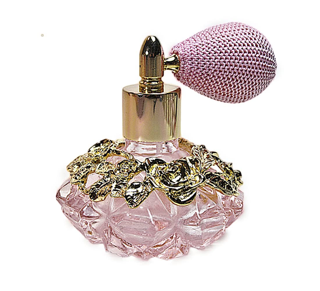 Alice-Aliya Refillable Pink glass perfume bottle with pink bulb spray attachment.