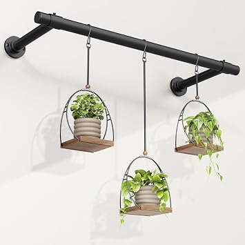 Window Plant Hanger Indoor, 32 Inch Heavy Duty Plant Hanging Rod, 1 Inch Metal Hanging Plant Holder for Window Wall, Matte Black Round Flange Base, Pot Not Included