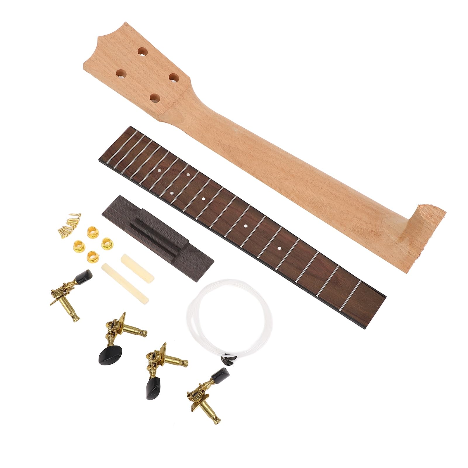 Kit de Manche de ukulélé, Touche en Palissandre, Kit D'assemblage de Manche de ukulélé Artisanal avec Bouton de Corde et Ensemble de Chevalet pour les Amateurs D'instruments de